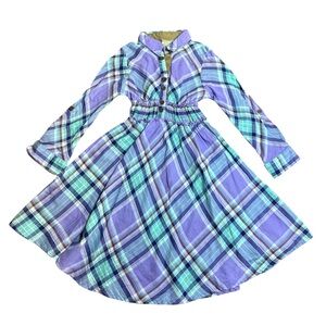 Maria Elena Girls Purple Plaid Long Sleeve Shirt Dress Smocked Waist Size 7/8